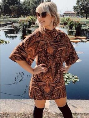 Richard Allan x H&M Paisley Mock Neck Mini Dress Bell Sleeve Boho Mod Sz 2